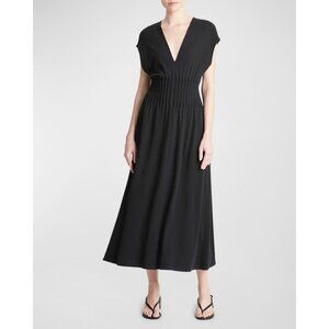 Vince Pintuck V-Neck Short-Sleeve Midi A-Line Dress Size S